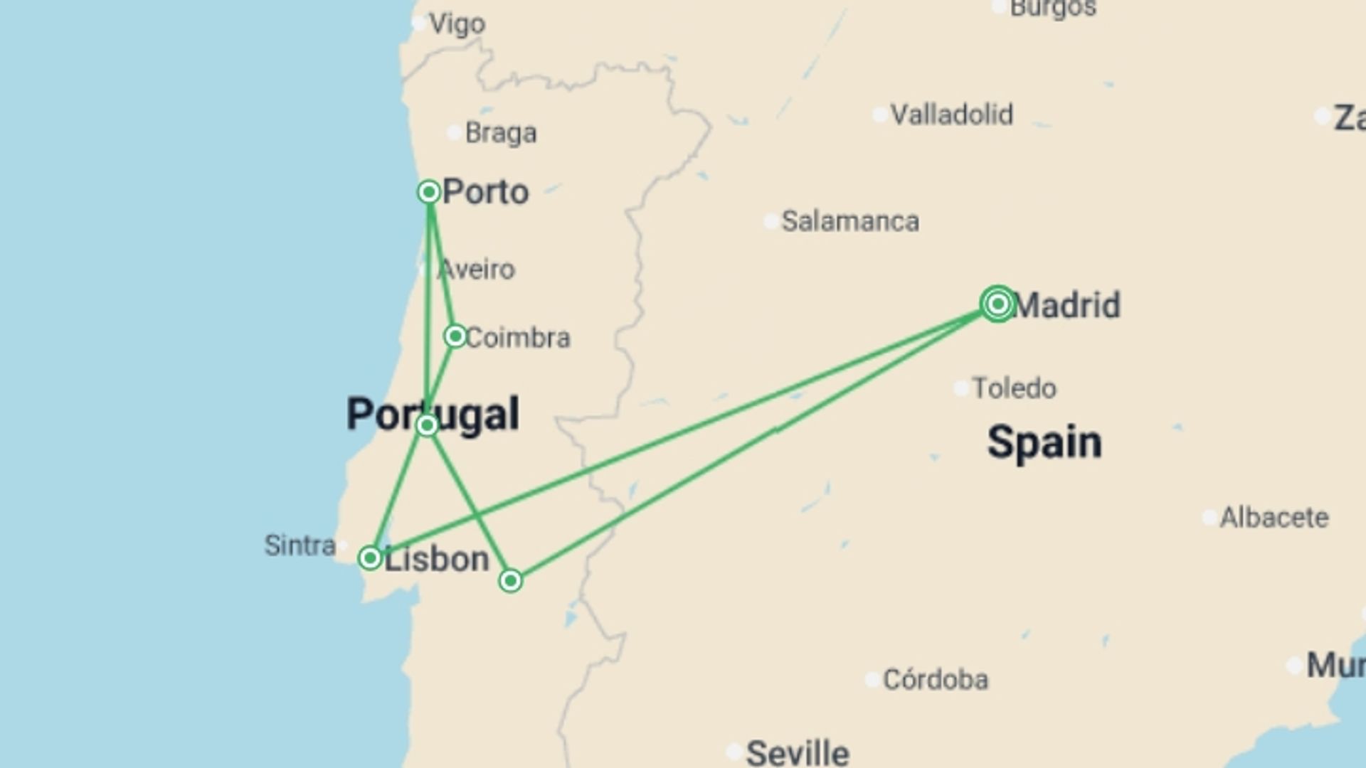A map showing the tour itinerary for the trip: Northern and Southern Portugal, starting in Madrid, Spain and ending in Madrid, Spain going through 5 other destinations.