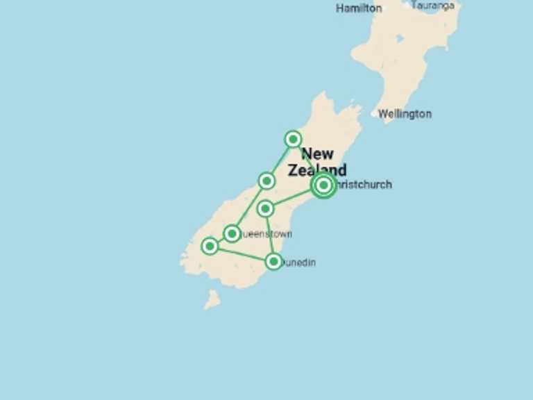 Map itinerary of New Zealand Tour in December 2026 with 7 destination visits for the trip: Southern Spectacular