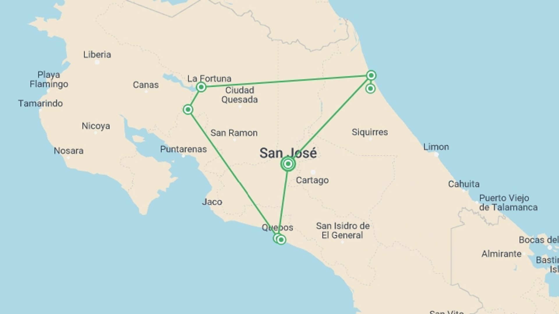 A map showing the tour itinerary for the trip: Essential Costa Rica - Package With Manuel Antonio National Park, starting in San Jose, Costa Rica and ending in San Jose, Costa Rica going through 6 other destinations.