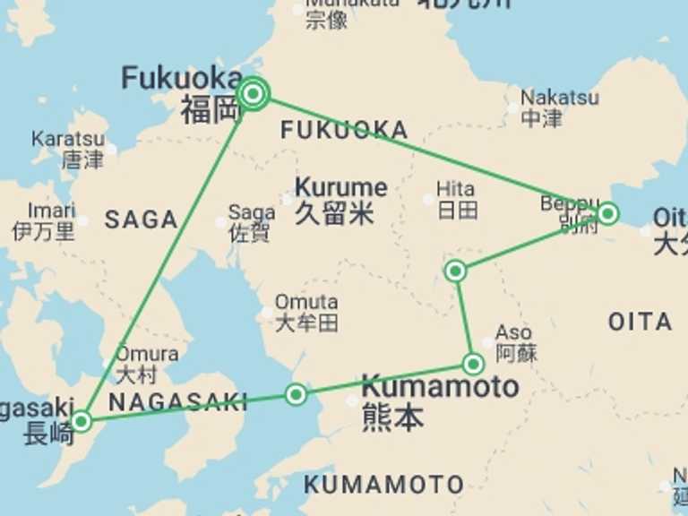 Map of Japan Tour with 6 destination visits for the trip: Highlights of Japan - Kyushu Island