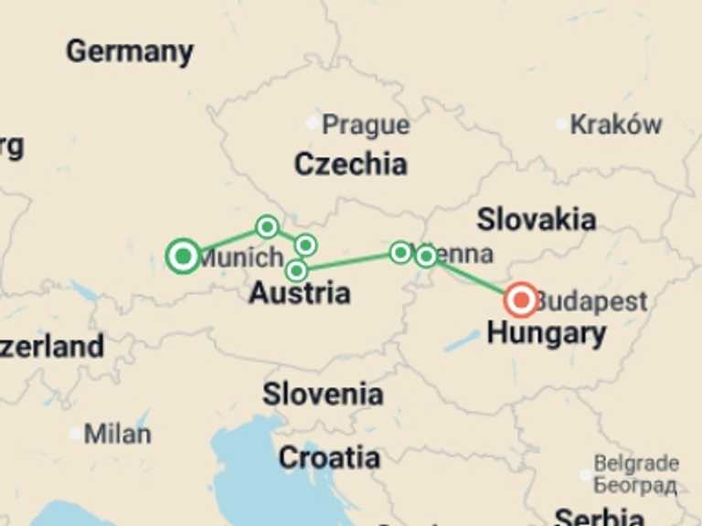 Map itinerary of Europe Tour in Fall with 7 destination visits for the trip: Danube Holiday Markets (2027)