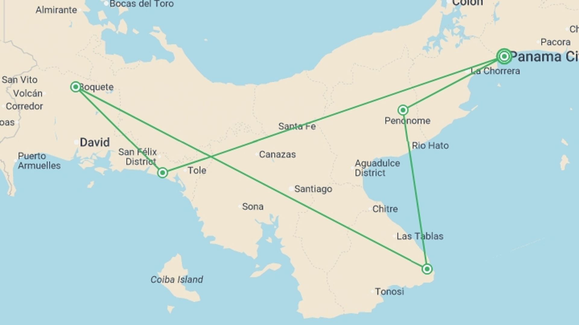 A map showing the tour itinerary for the trip: Self-Drive: Panama Adventure & Beach Explorer 15D/14N, starting in Panama City, Panama and ending in Panama City, Panama going through 4 other destinations.