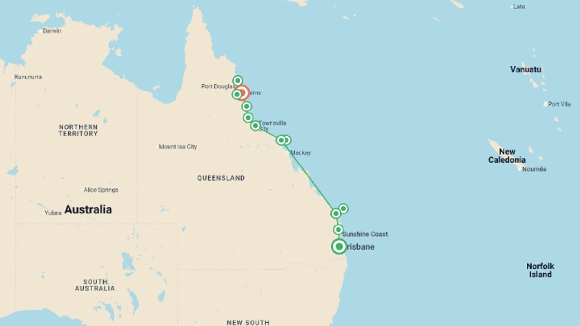A map showing the tour itinerary for the trip: North Queensland Adventure, starting in Brisbane, Australia and ending in Cairns, Australia going through 6 other destinations.
