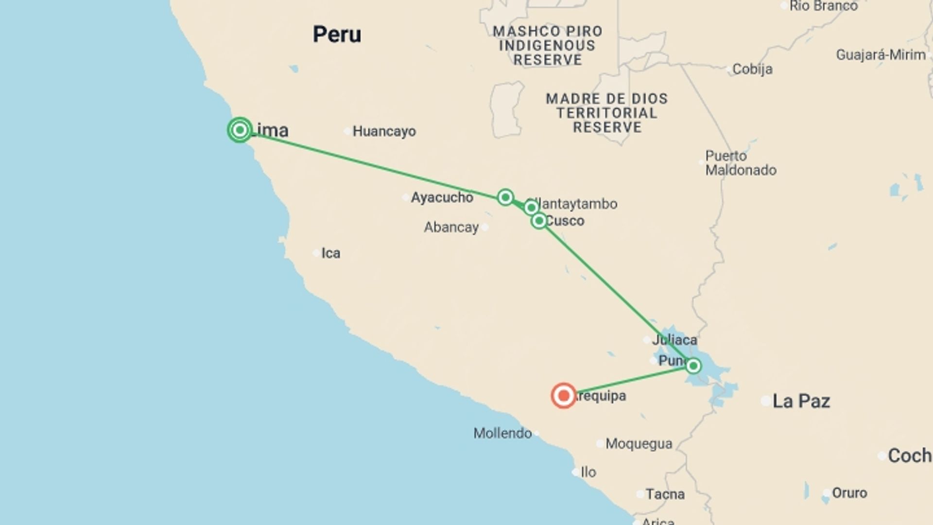 A map showing the tour itinerary for the trip: Luxury Peru & Andean Explorer - 12 days, starting in Lima, Peru and ending in Arequipa, Peru going through 5 other destinations.