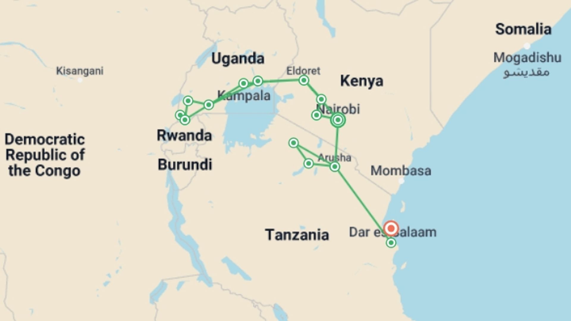 A map showing the tour itinerary for the trip: East Africa & Zanzibar Overland Safari & Participation Camping, starting in Nairobi, Kenya and ending in Zanzibar, Tanzania going through 14 other destinations.