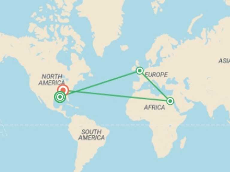 Map itinerary of USA Tour in Winter with 4 destination visits for the trip: America's Music Cities Holiday featuring New Orleans, Memphis & Nashville