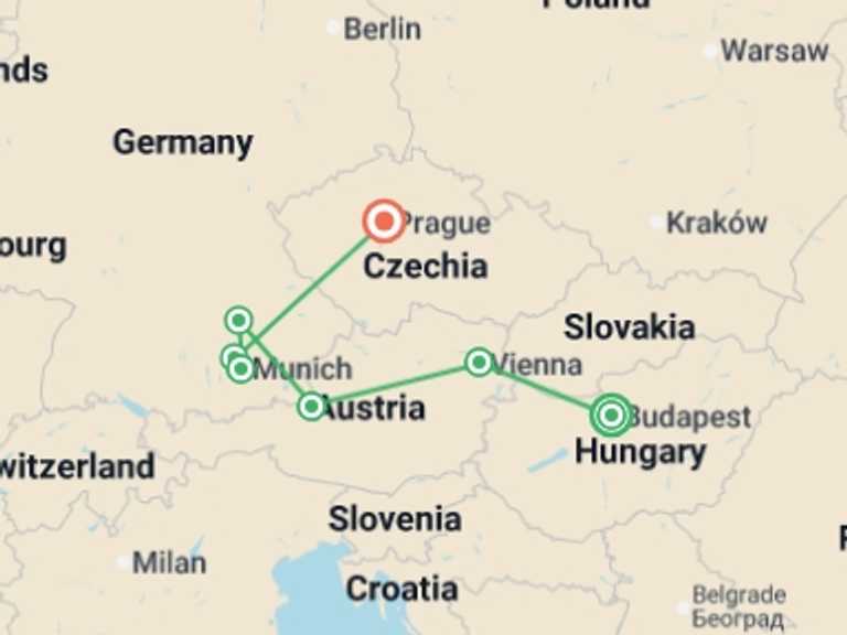 Map of Vienna Cultural, religious and historic sites Tour with 6 destination visits for the trip: Harmony of Central Europe