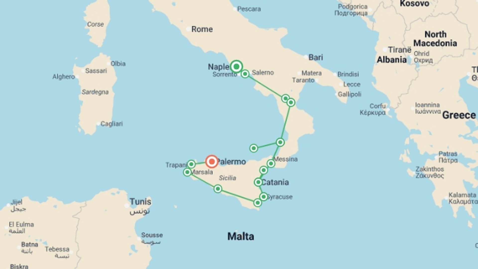 A map showing the tour itinerary for the trip: Highlights of Calabria & Sicily, starting in Naples, Italy and ending in Palermo, Italy going through 10 other destinations.