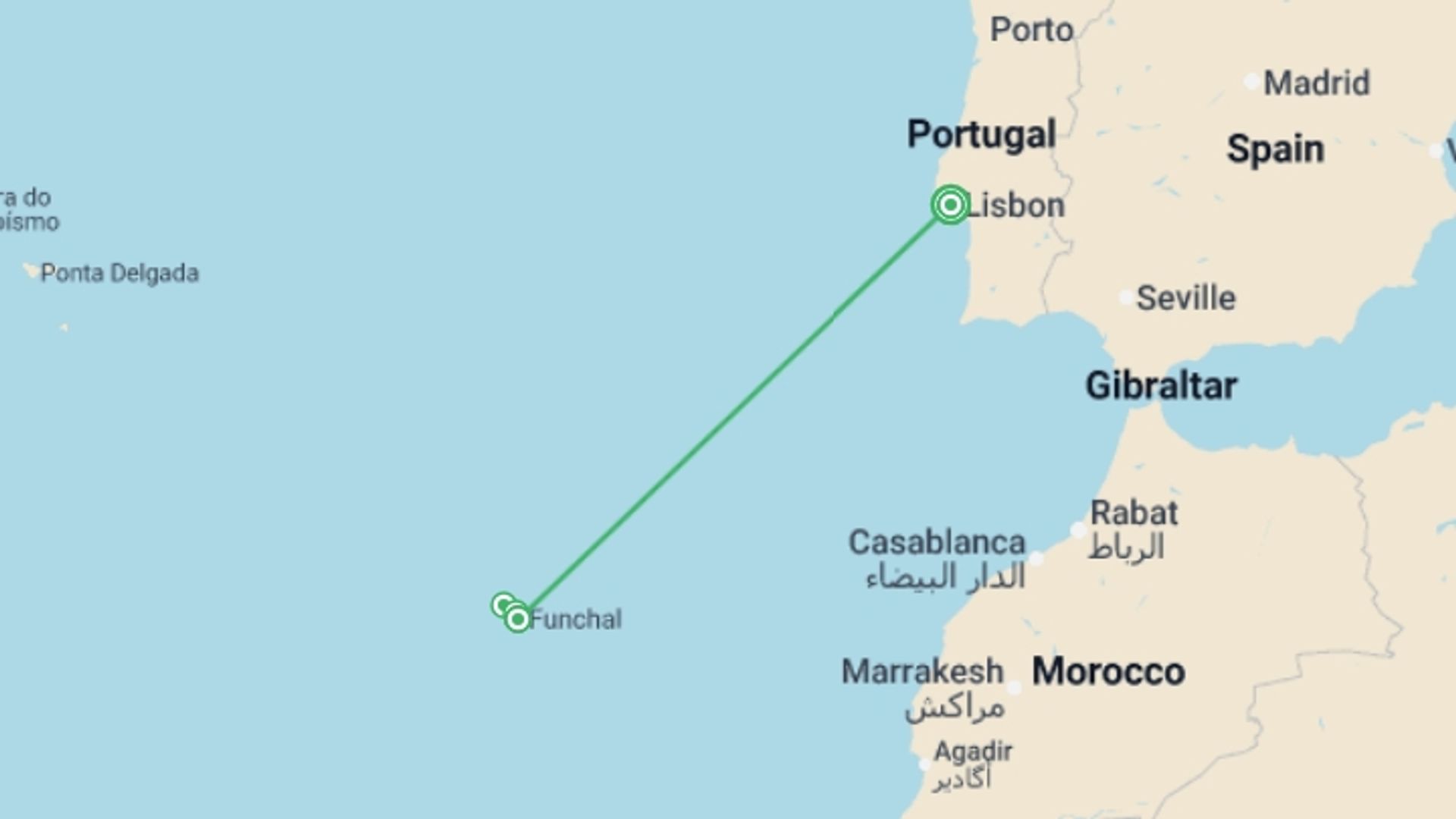 A map showing the tour itinerary for the trip: Marvels of Lisbon and Madeira Island, starting in Lisbon, Portugal and ending in Lisbon, Portugal going through 2 other destinations.