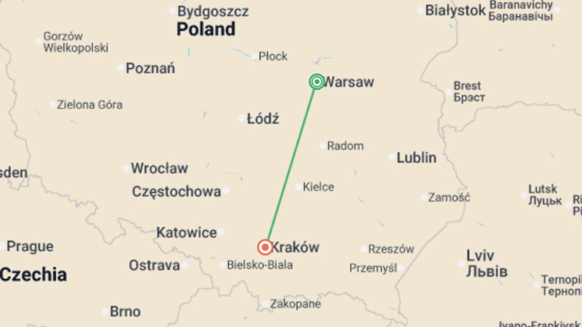 A map showing the tour itinerary for the trip: Warsaw & Krakow New Year Getaway - 5 days , starting in Warsaw, Poland and ending in Krakow, Poland going through 0 other destinations.