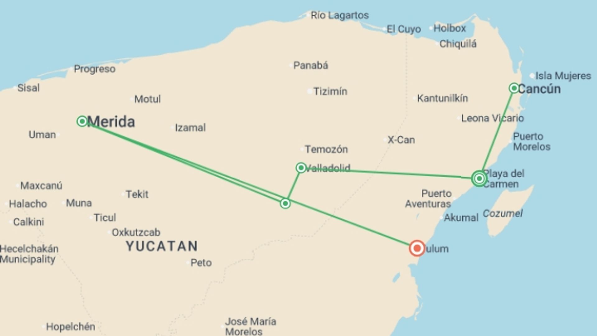A map showing the tour itinerary for the trip: Premium Mexico Yucatan Highlights, starting in Playa Del Carmen, Mexico and ending in Tulum, Mexico going through 5 other destinations.