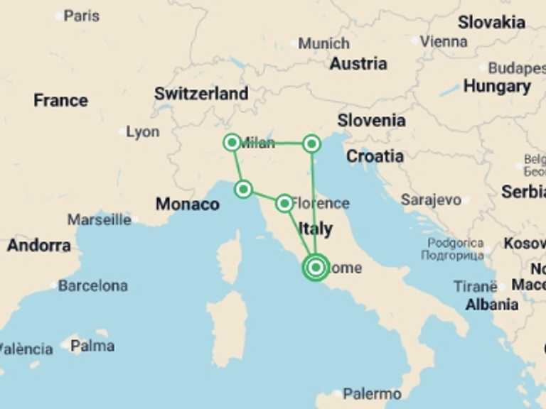 Map of Italy Tour with 5 destination visits for the trip: Italian Espresso 35 to 45