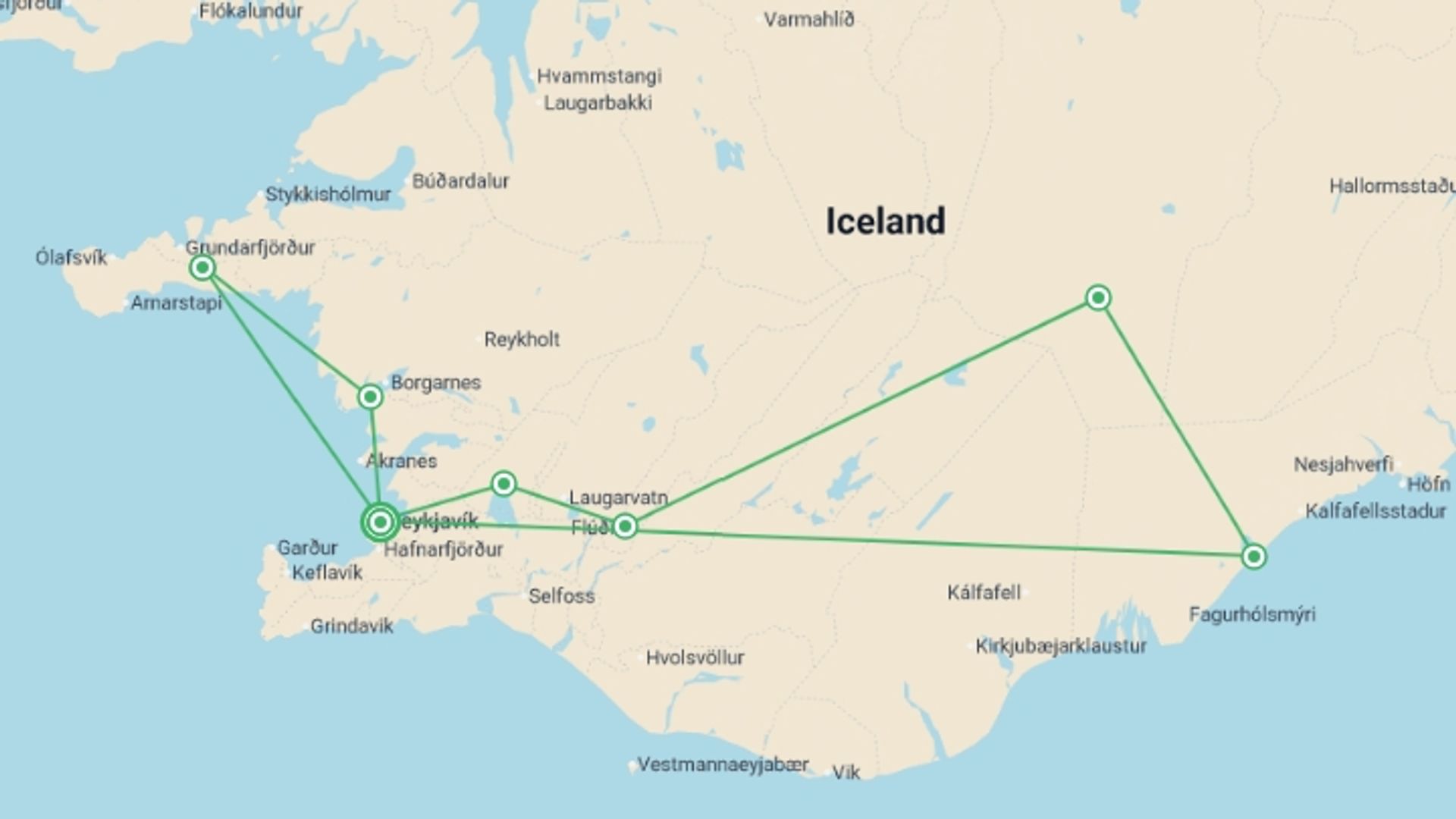 A map showing the tour itinerary for the trip: Premium Iceland in Winter, starting in Reykjavik, Iceland and ending in Reykjavik, Iceland going through 3 other destinations.