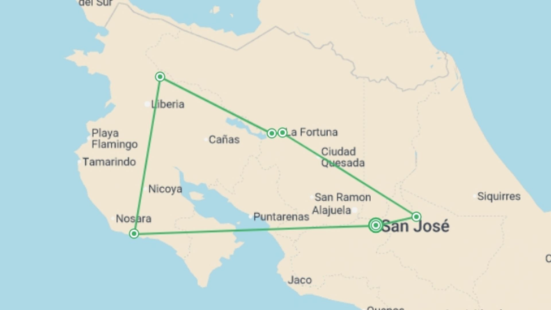 A map showing the tour itinerary for the trip: Costa Rica Adventure & Beach - 11 Days, starting in San Jose, Costa Rica and ending in San Jose, Costa Rica going through 5 other destinations.