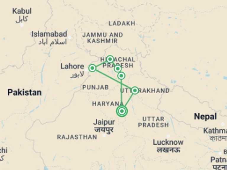 Map itinerary of India Tour in September 2027 with 6 destination visits for the trip: Mountains & Mystics of India