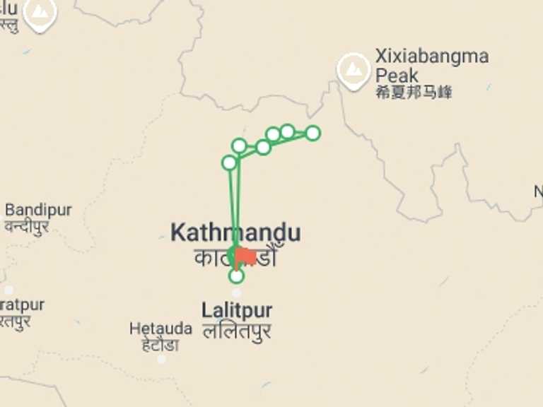 Map itinerary of Nepal Tour in Winter with 8 destination visits for the trip: Langtang Trek