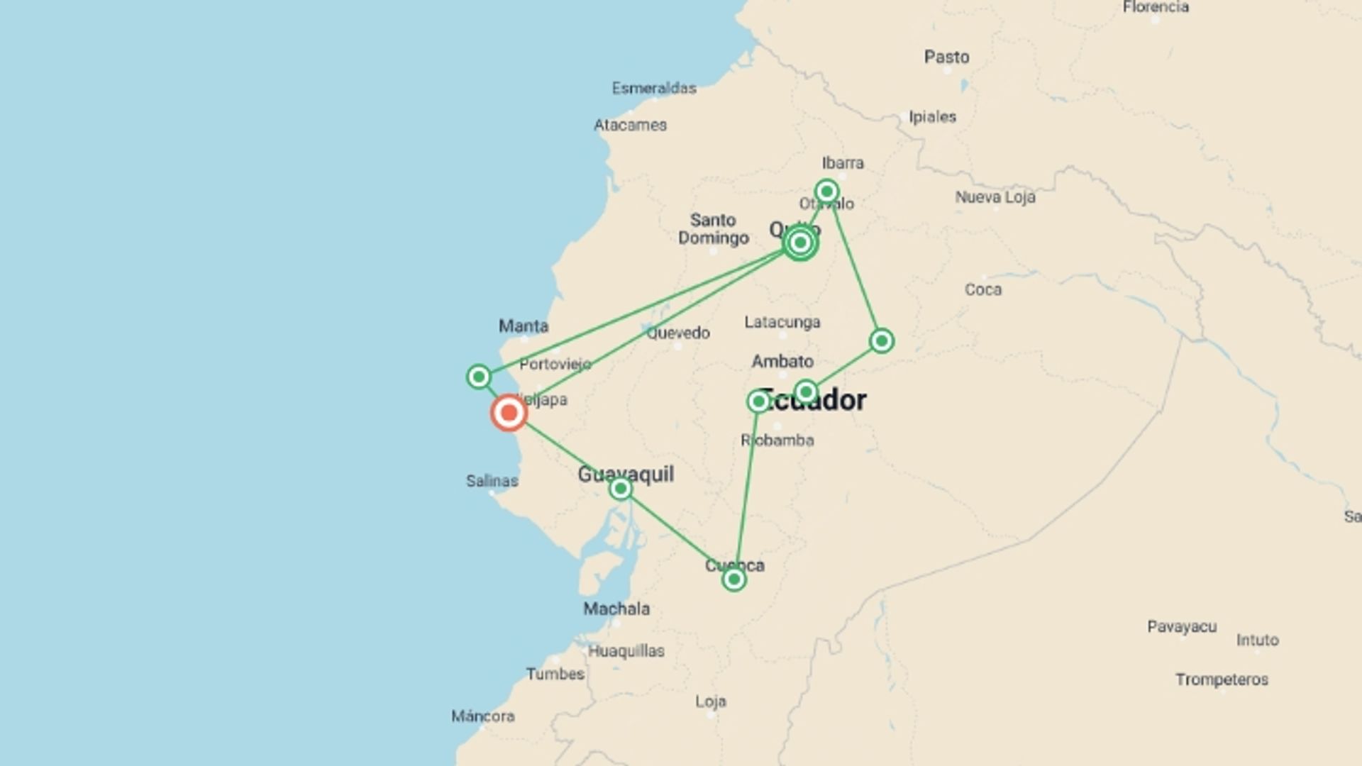 A map showing the tour itinerary for the trip: Discover Ecuador Tour 17 Days, starting in Quito, Ecuador and ending in Puerto Lopez, Ecuador going through 8 other destinations.