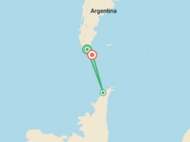 Map of Argentina and Chile Tour with 3 destination visits for the trip: Antarctic Express: Fly South, Sail North