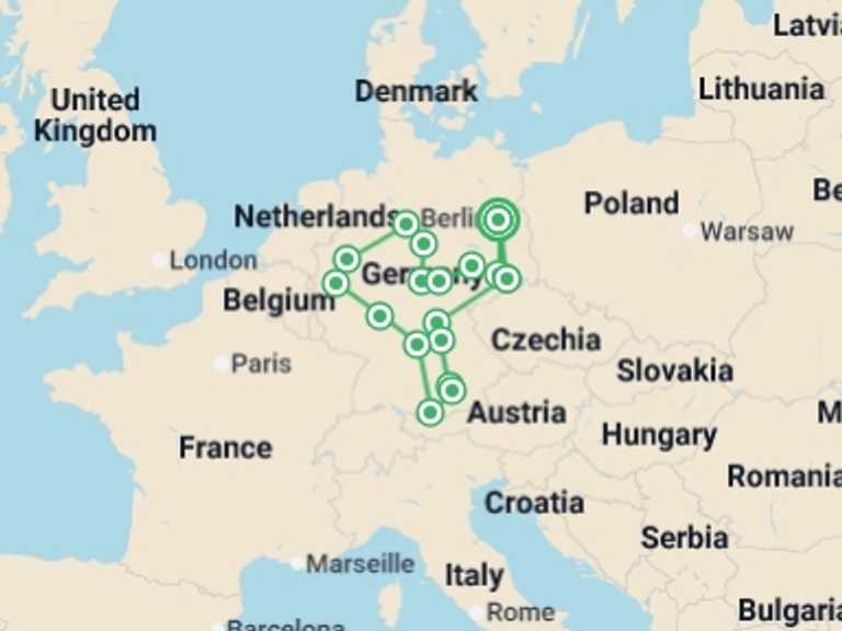 Map itinerary of Berlin Tour in February 2026 with 8 destination visits for the trip: Great Cities and Castles Route with Berlin