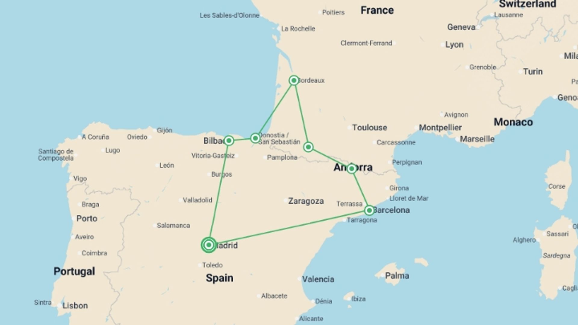 A map showing the tour itinerary for the trip: Madrid, Basque Country, Andorra and Barcelona with Lourdes, starting in Madrid, Spain and ending in Madrid, Spain going through 6 other destinations.