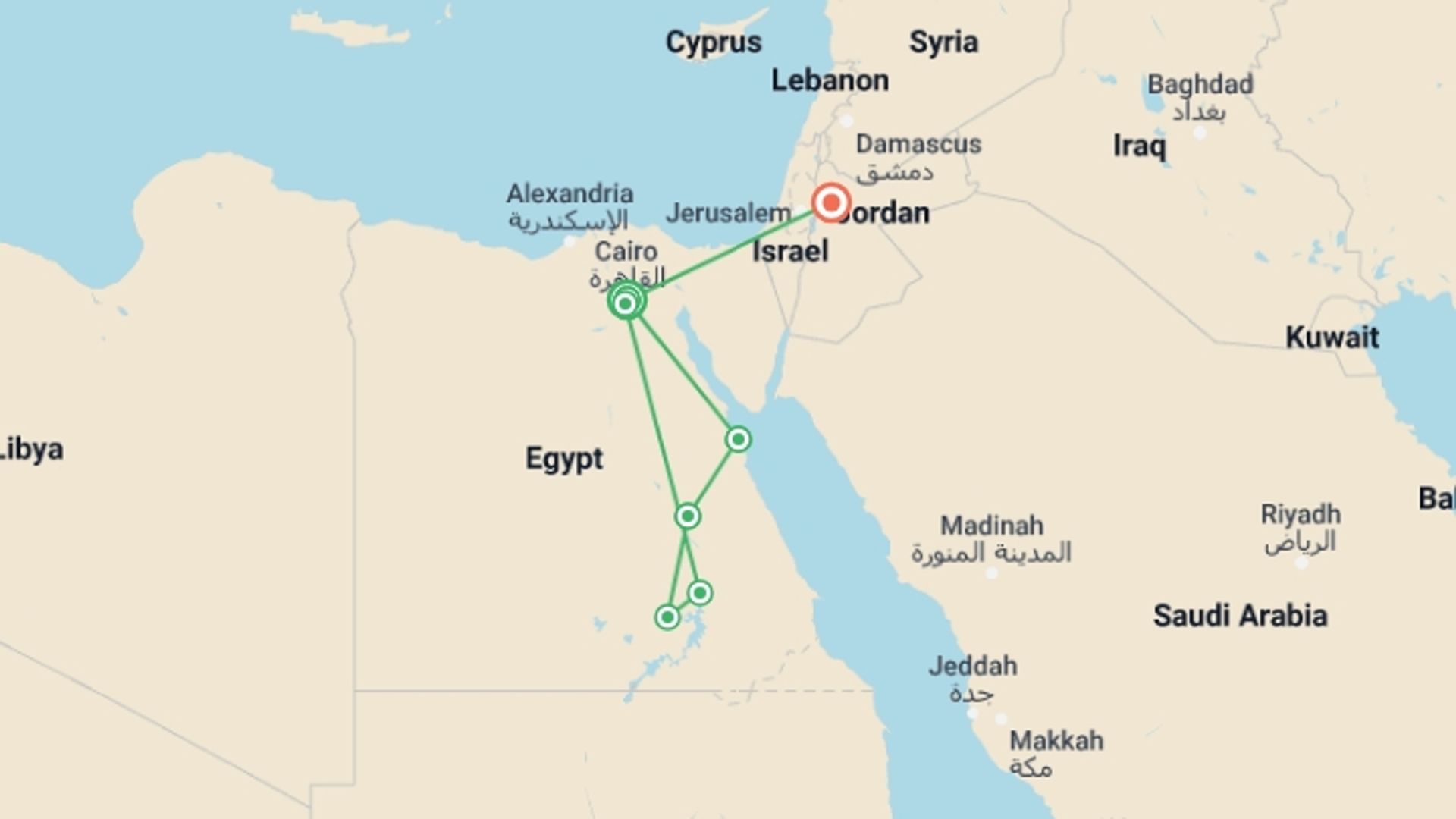 A map showing the tour itinerary for the trip: Egypt & Jordan Adventure with Felucca Cruise, starting in cairo airport, Egypt and ending in Amman, Jordan going through 6 other destinations.