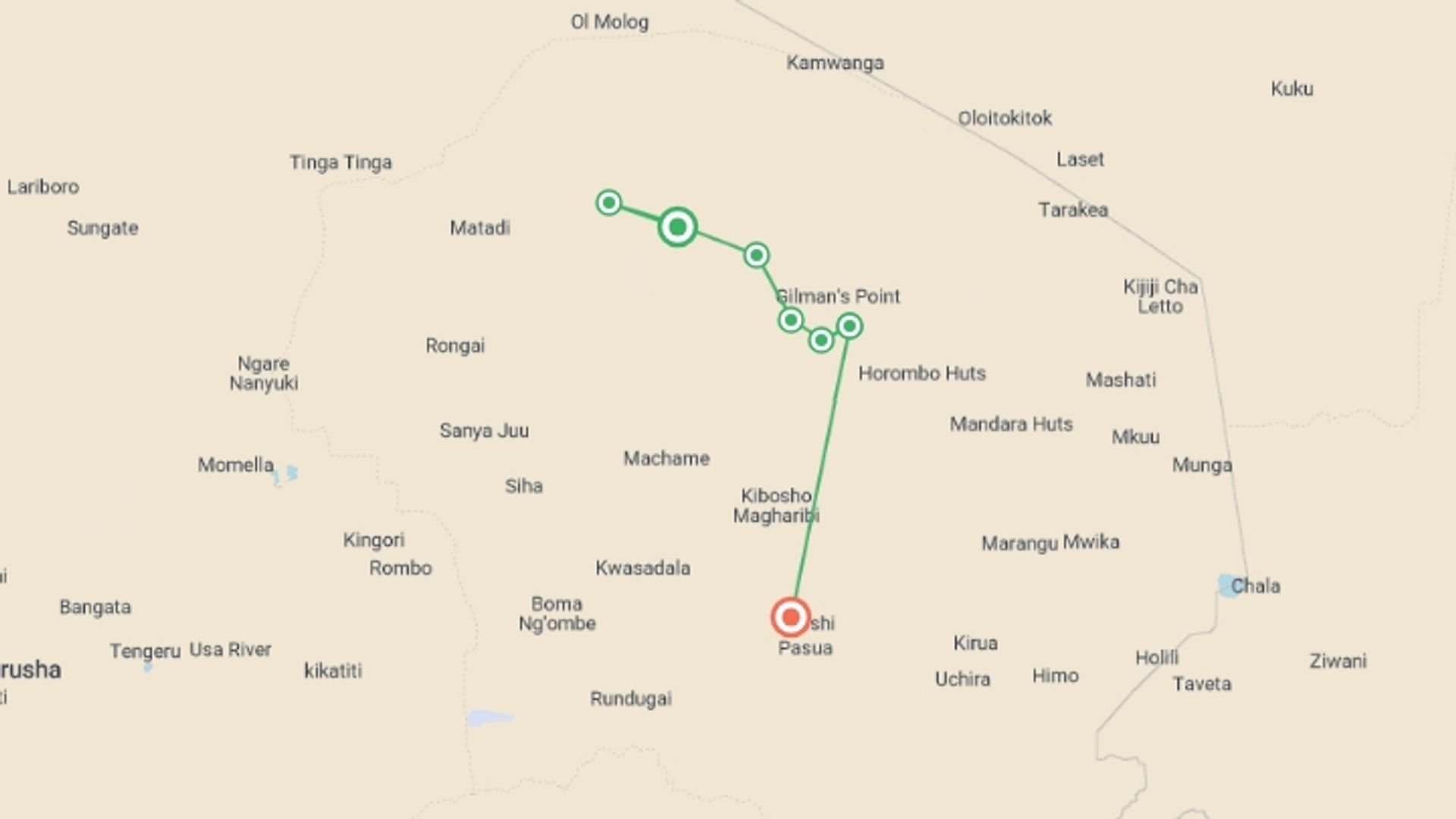 A map showing the tour itinerary for the trip: Mount Kilimanjaro Climb Via Lemosho Route, starting in Kilimanjaro Lemosho route, Tanzania and ending in Moshi, Tanzania going through 4 other destinations.