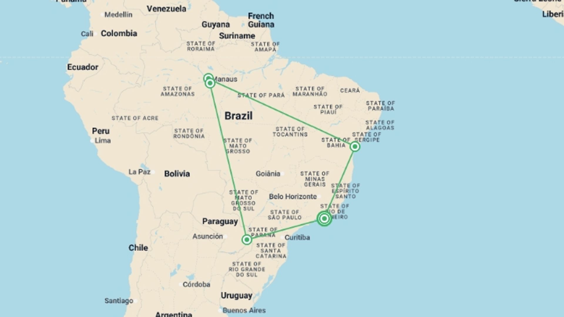 A map showing the tour itinerary for the trip: Brazil Explorer, starting in Rio de Janeiro, Brazil and ending in Rio de Janeiro, Brazil going through 5 other destinations.