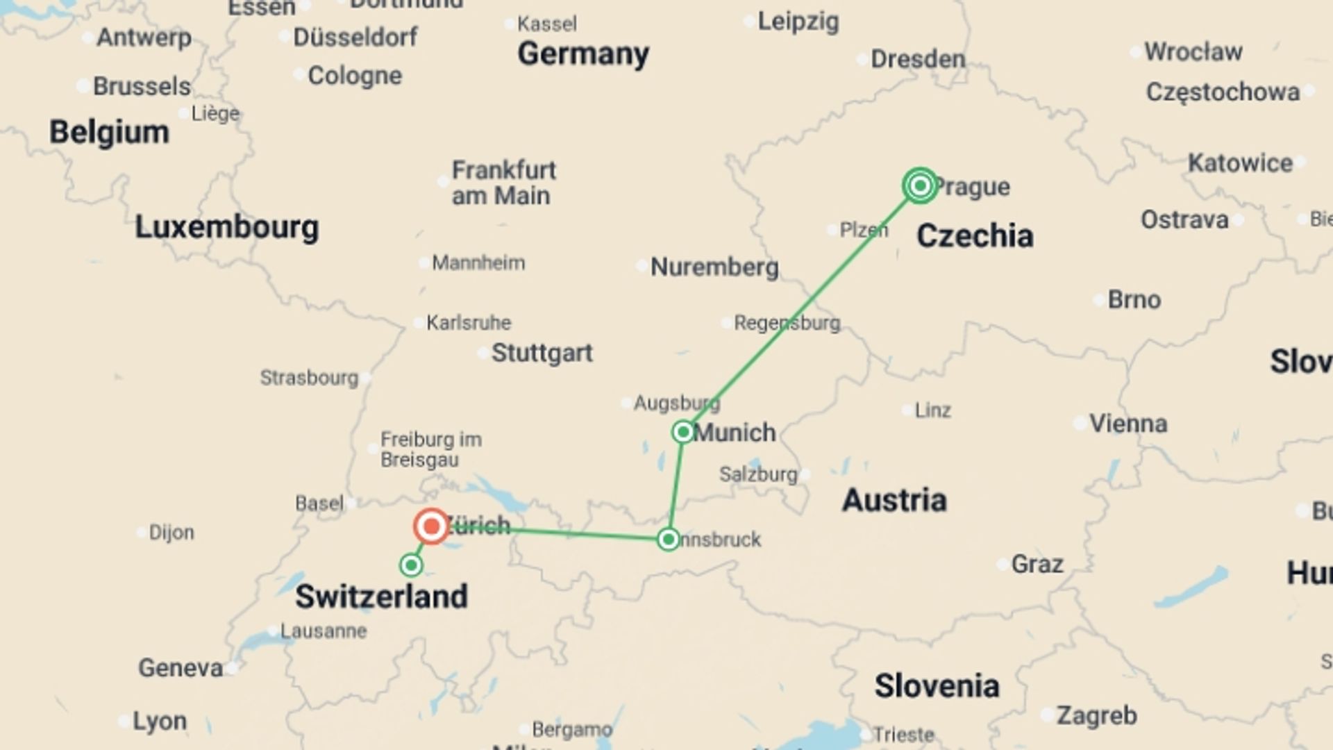 A map showing the tour itinerary for the trip: From Prague to Zurich, starting in Prague, Czech Republic and ending in Zurich, Switzerland going through 1 other destinations.