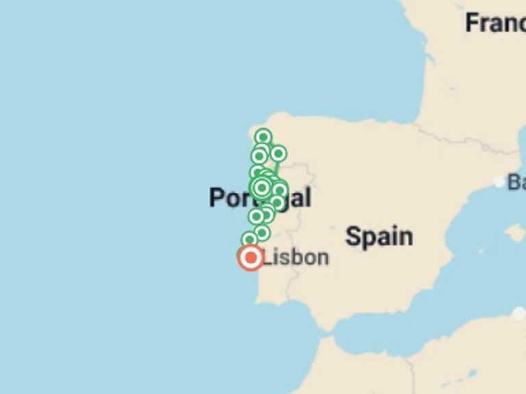Map itinerary of Spain Tour in February 2026 with 8 destination visits for the trip: Portugal Meets Spain, Self-drive (multi Country)