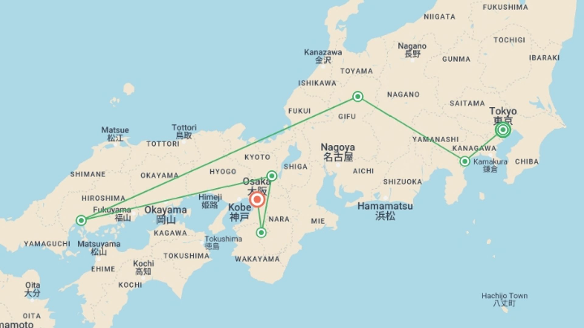 A map showing the tour itinerary for the trip: Japan Unrivalled, starting in Tokyo, Japan and ending in Osaka, Japan going through 5 other destinations.