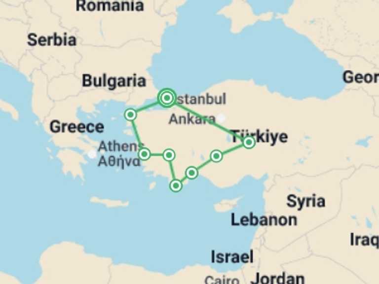 Map of 15-Day Europe Tour with 8 destination visits for the trip: Premium Turkey in Depth