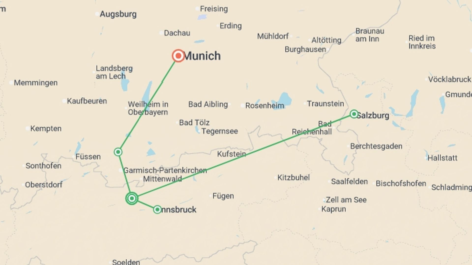 A map showing the tour itinerary for the trip: Magical Christmas Markets of Austria and Germany, starting in Seefeld, Austria and ending in Munich, Germany going through 1 other destinations.