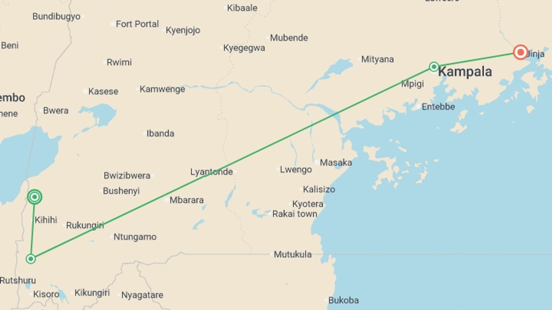 A map showing the tour itinerary for the trip: Gorillas, Chimps & Nile River - 9 days, starting in Queen Elizabeth National Park, Uganda and ending in Jinja, Uganda going through 3 other destinations.
