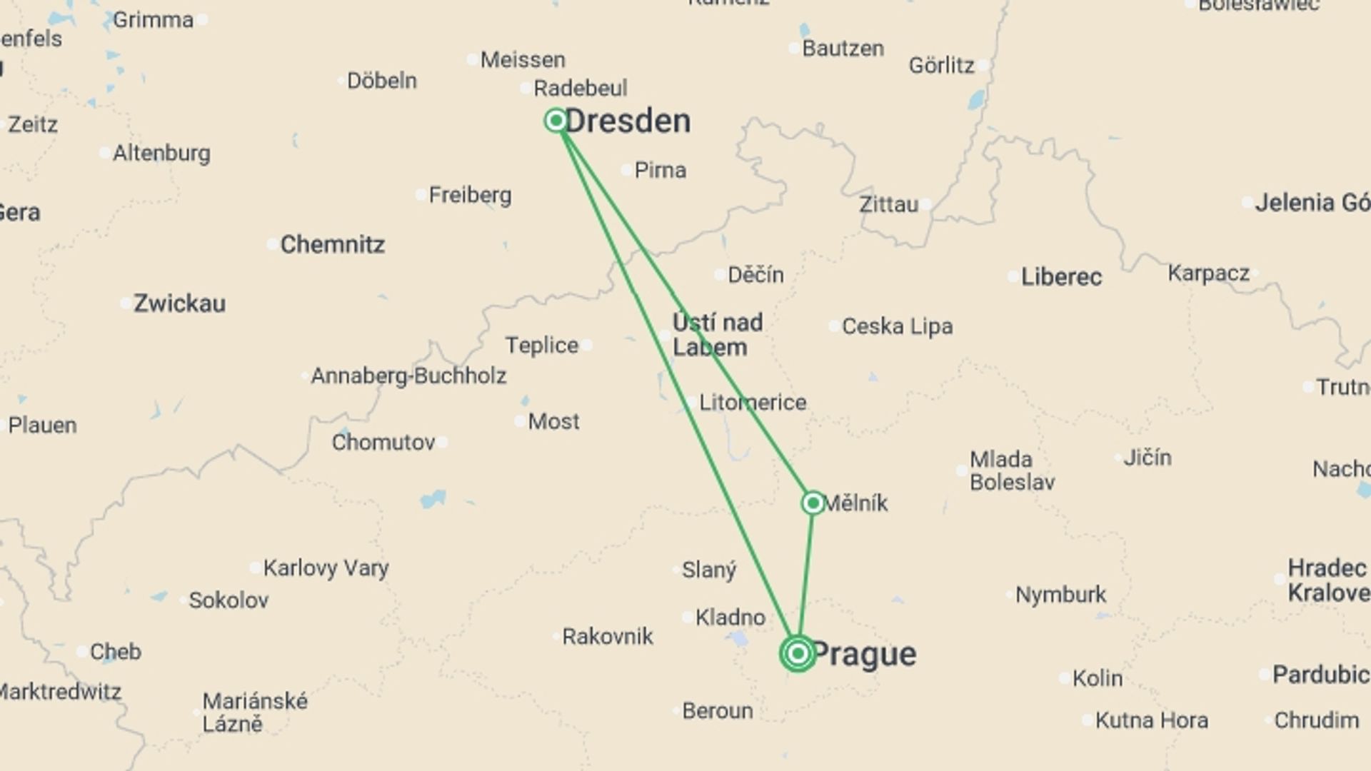 A map showing the tour itinerary for the trip: Holiday Cheer Along the Elbe River (port-to-port cruise), starting in Prague, Czech Republic and ending in Prague, Czech Republic going through 1 other destinations.