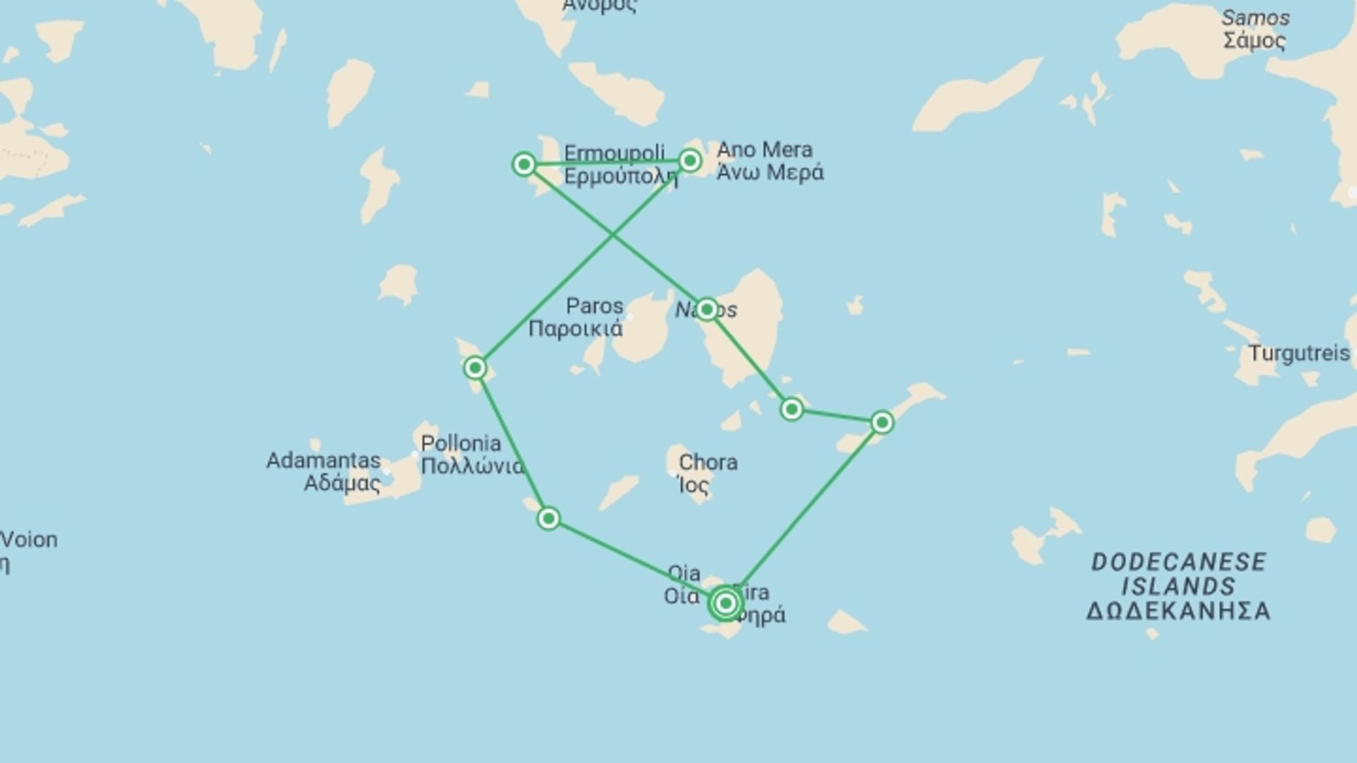 A map showing the tour itinerary for the trip: Greece Sailing Adventure: Cyclades Islands, starting in Santorini, Greece and ending in Santorini, Greece going through 7 other destinations.