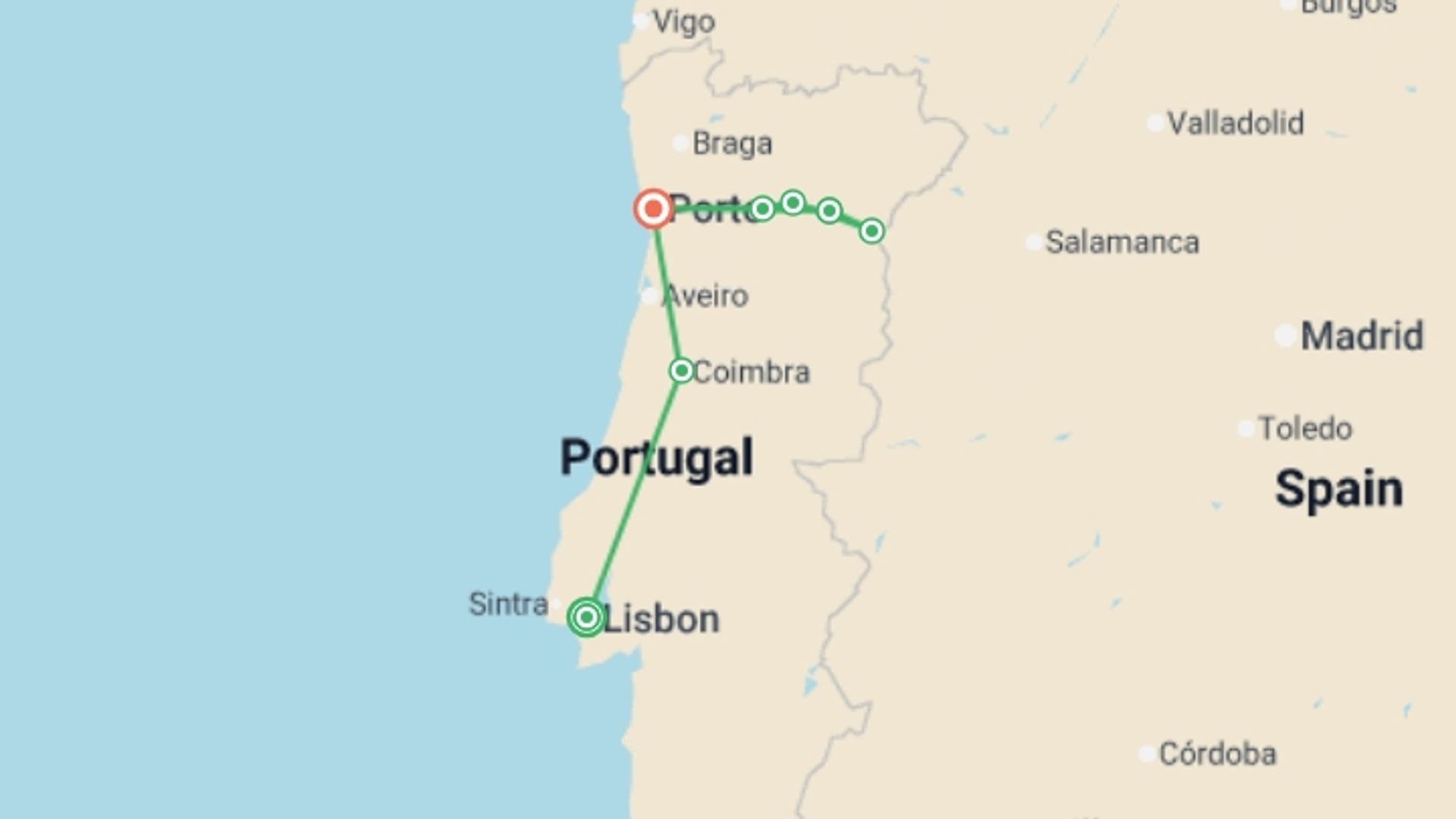 A map showing the tour itinerary for the trip: Lisbon, Porto and the Douro valley (Portugal) and Salamanca (Spain) (port-to-port cruise), starting in Lisbon, Portugal and ending in Porto, Portugal going through 4 other destinations.