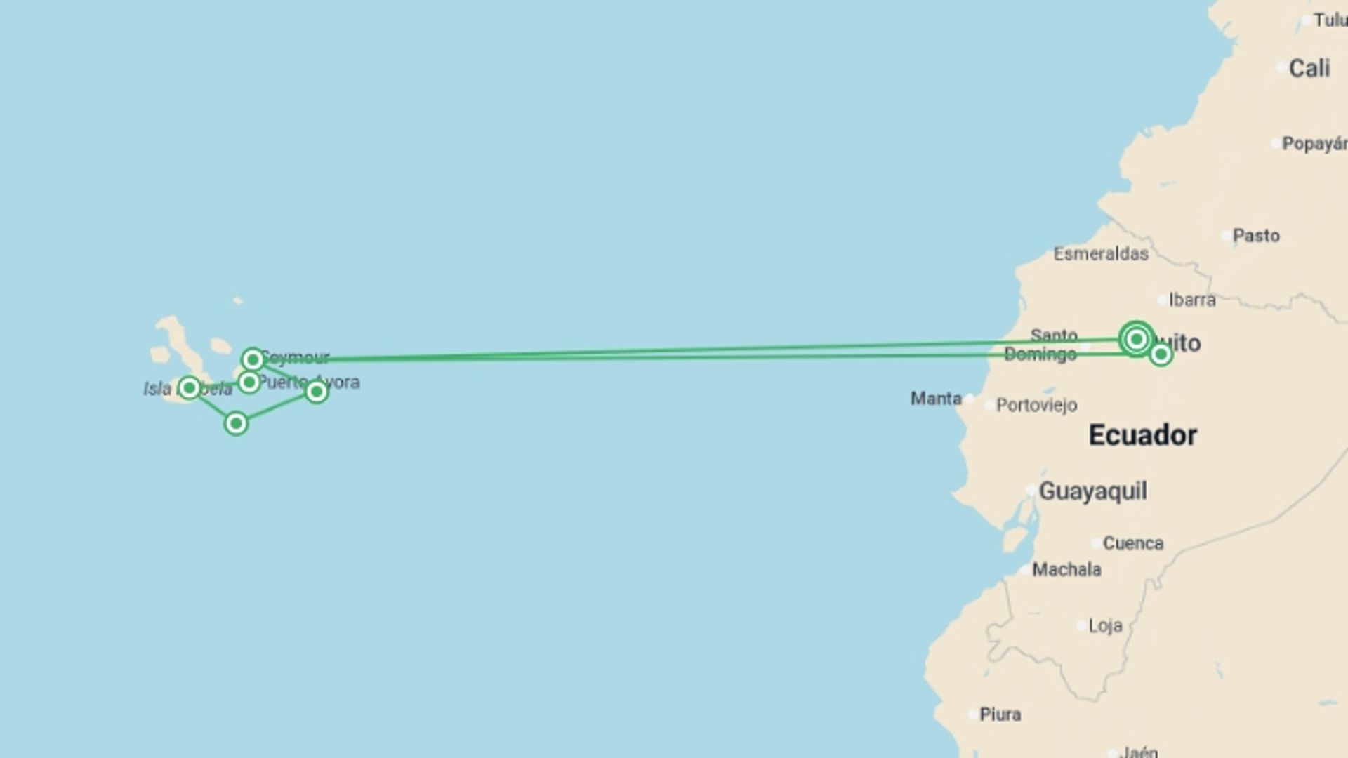 A map showing the tour itinerary for the trip: Upgraded Land Galapagos, starting in Quito, Ecuador and ending in Quito, Ecuador going through 6 other destinations.