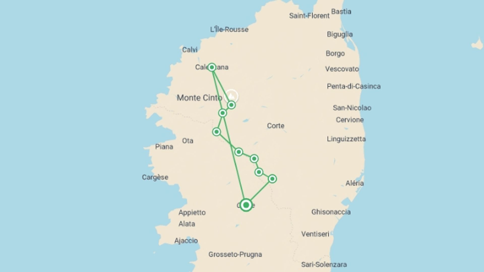 A map showing the tour itinerary for the trip: Corsica GR20 North, starting in Corsica, France and ending in Corsica, France going through 8 other destinations.
