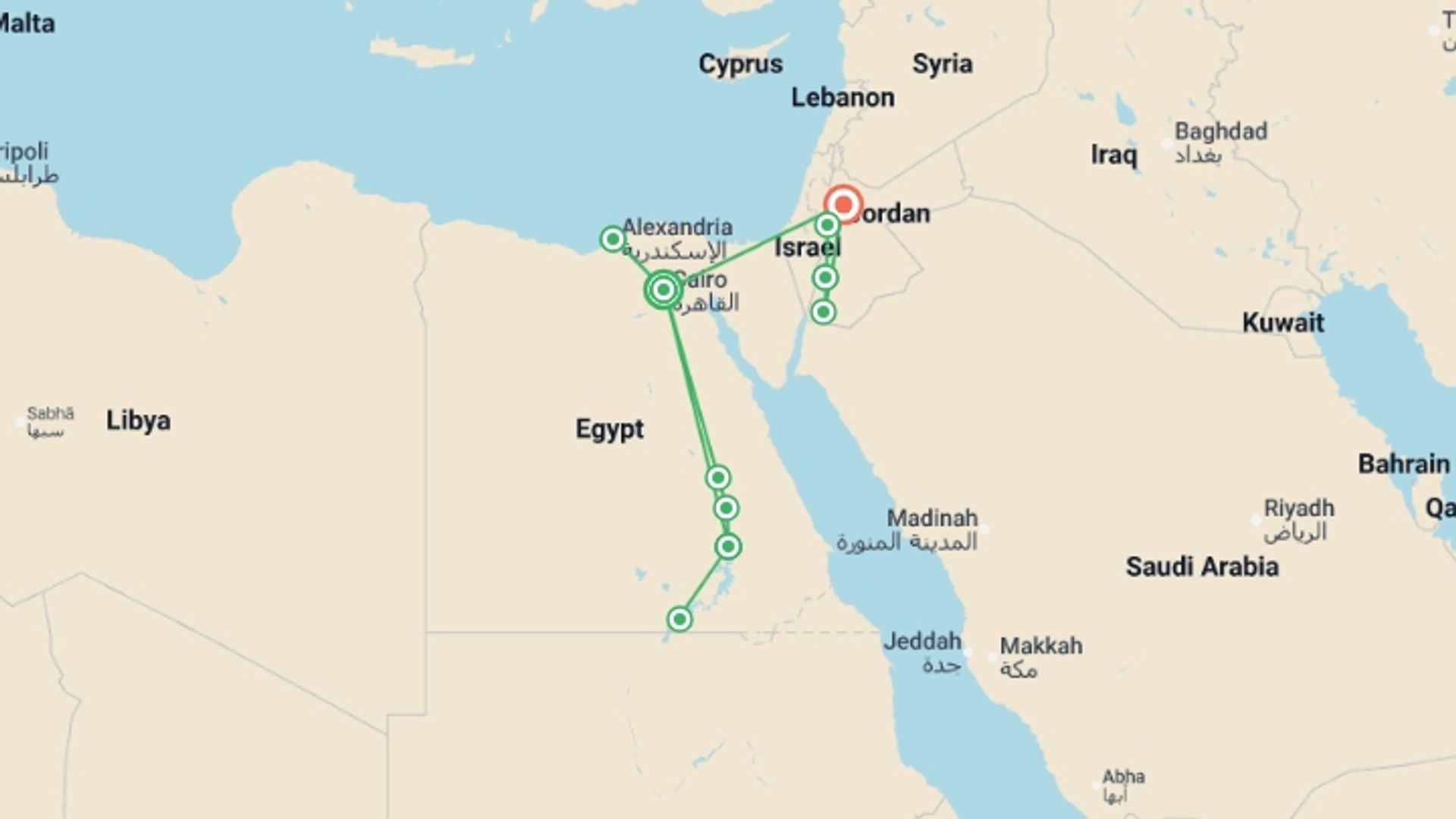 A map showing the tour itinerary for the trip: Premium Egypt & Jordan in Depth, starting in Cairo, Egypt and ending in Amman, Jordan going through 8 other destinations.