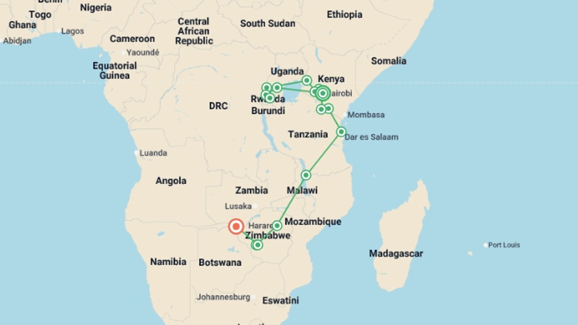 A map showing the tour itinerary for the trip: Nairobi To Victoria Falls (54 Days) Apes & Lakes, starting in Nairobi, Kenya and ending in Victoria Falls, Zimbabwe going through 13 other destinations.