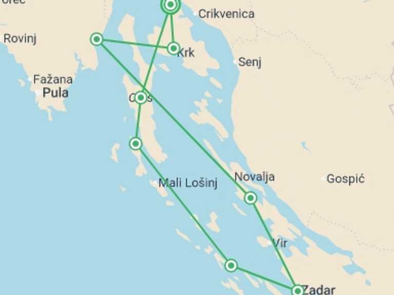 Map itinerary of Mediterranean Tour in October 2026 with 7 destination visits for the trip: Kvarner Bay Bike & Boat - Deluxe