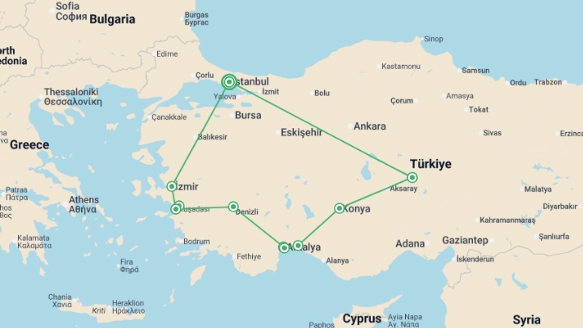 A map showing the tour itinerary for the trip: Highlights of Turkey (5 & 4 Star Hotels), starting in Istanbul, Turkey and ending in Istanbul, Turkey going through 5 other destinations.