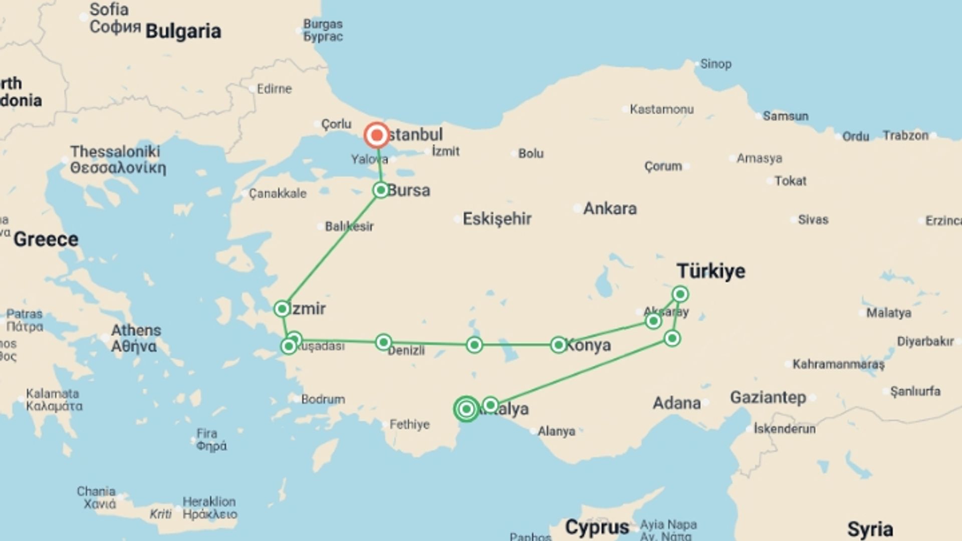 A map showing the tour itinerary for the trip: The Turkish Tour, starting in Antalya, Turkey and ending in Istanbul, Turkey going through 5 other destinations.