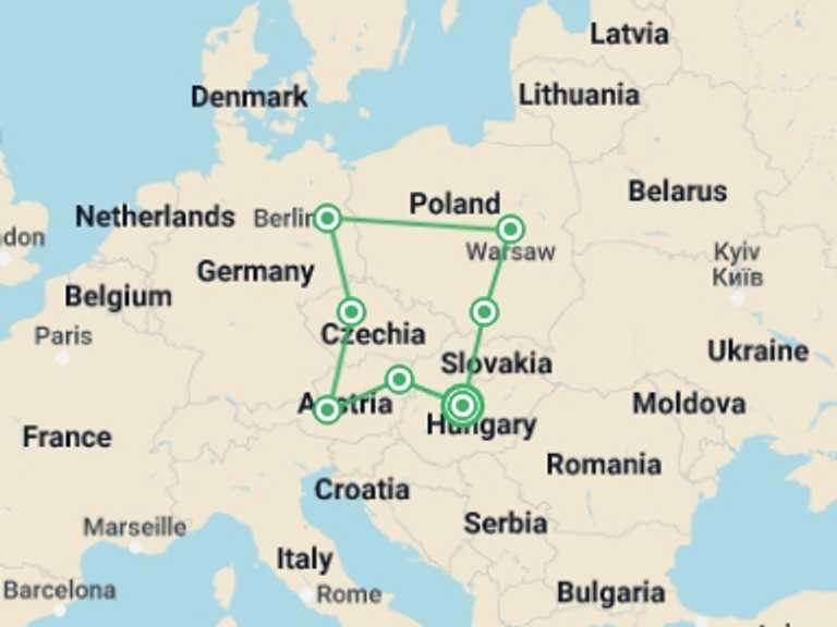 Map of 15-Day Europe Tour with 7 destination visits for the trip: Play & Pause: Central & Eastern Europe Highlights
