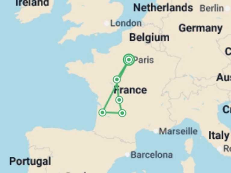 Map itinerary of France Tour in August 2026 with 5 destination visits for the trip: French Dream