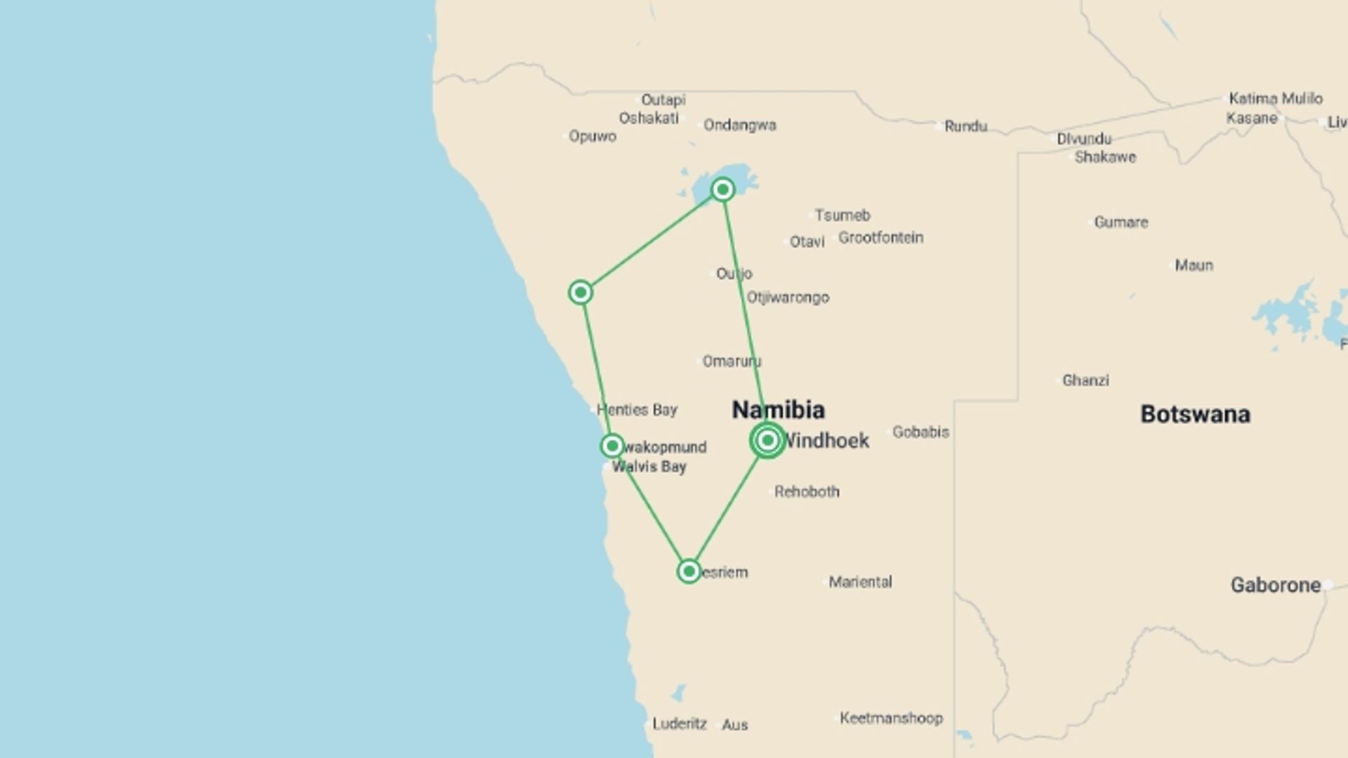 A map showing the tour itinerary for the trip: Premium Namibia, starting in Windhoek, Namibia and ending in Windhoek, Namibia going through 4 other destinations.