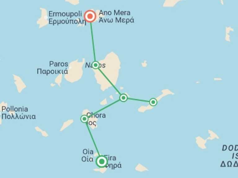 Map itinerary of Mediterranean Tour in May 2027 with 6 destination visits for the trip: Sail Greece: Santorini to Mykonos