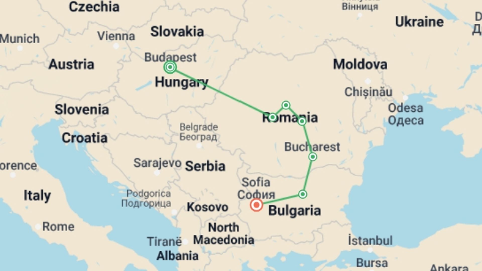 A map showing the tour itinerary for the trip: Budapest to Sofia Adventure, starting in Budapest, Hungary and ending in Sofia, Bulgaria going through 5 other destinations.