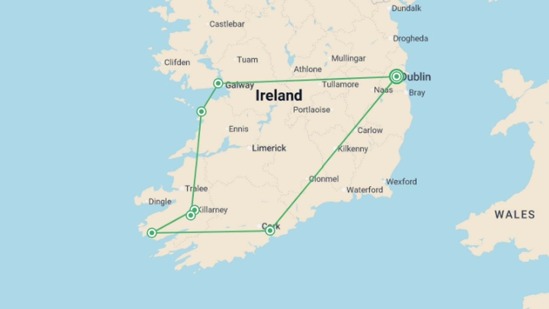 A map showing the tour itinerary for the trip: Highlights of Ireland & Islands - 7 days, starting in Dublin, Ireland and ending in Dublin, Ireland going through 6 other destinations.