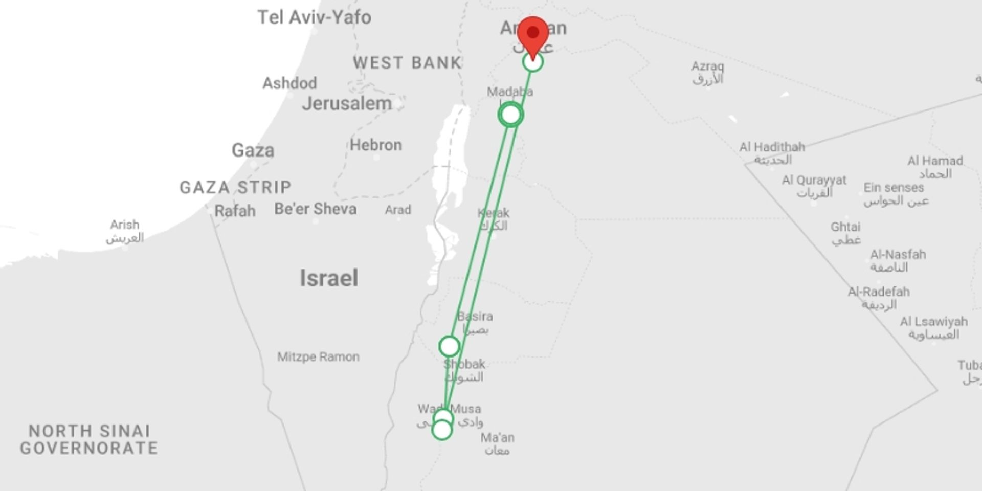 A map showing the tour itinerary for the trip: Dana to Petra Trek - 8 Days, starting in Madaba, Jordan and ending in Amman, Jordan going through 6 other destinations.